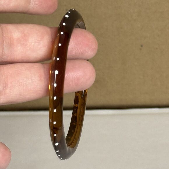 Vintage Translucent Brown Lucite Bangle Bracelet Spacer White Polka Dots - Picture 2 of 10